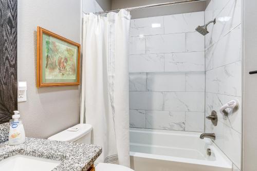 a bathroom with a shower and a toilet and a sink at Lake Views and Golf Access at Secluded Drasco Lodge in Heber Springs