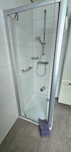 a shower with a glass door in a bathroom at Gemütliche Dachgeschoßwohnung mit Balkon in Dortmund in Dortmund