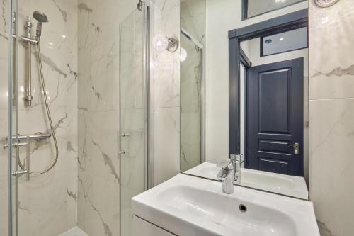 une salle de bain avec un lavabo, une douche et un miroir dans l'établissement Rent a Room apartments - Alma, à Paris