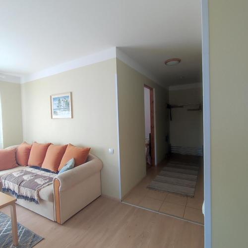 a living room with a couch and a hallway at Vormsi ohvitseride maja korter nr 7 in Hullo