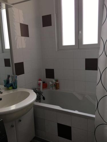 La salle de bains est pourvue d'un lavabo et d'une baignoire à côté d'un lavabo blanc. dans l'établissement T3 City Centre bright, Balcony, near Train Station, à Perpignan