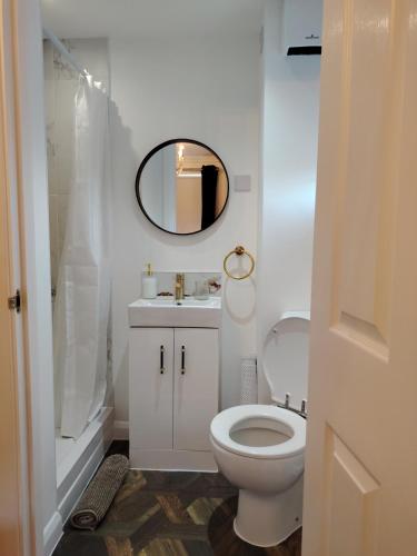 a bathroom with a white toilet and a mirror at Linroy Guest House in Skegness