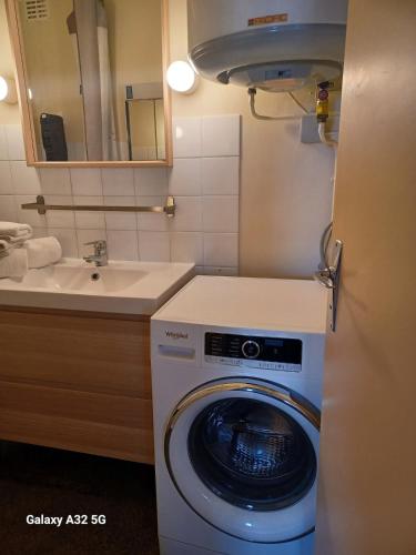 une machine à laver dans une salle de bain avec un lavabo dans l'établissement Le Mathgo, à Saint-Hilaire-de-Riez