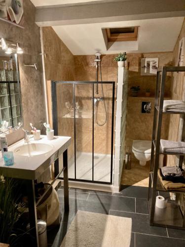 une salle de bain avec une douche, un lavabo et des toilettes dans l'établissement Le petit Mas, à Arpaillargues-et-Aureillac
