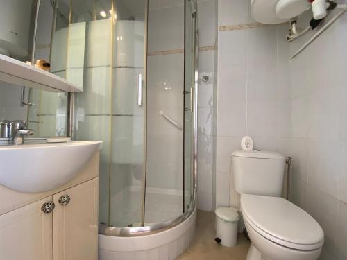 une salle de bain avec une douche, des toilettes et un lavabo dans l'établissement Appartement 19m² avec Balcon, Proche Thermes et Etang de Thau - Parking Public - Animaux Admis - FR-1-503-46, à Balaruc-les-Bains