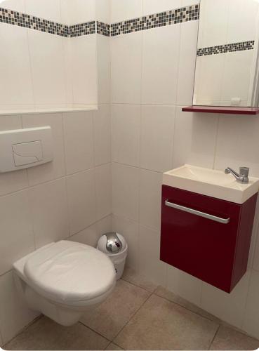 a bathroom with a toilet and a sink at Au petit bonheur in Gorze