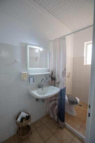 a bathroom with a sink and a toilet at Μπλε Rooms & Apartments in Chiliadou