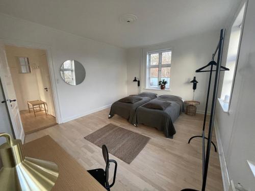 a bedroom with a bed and a living room at Modern Scandinavian Apartment in Viborg Centre in Viborg