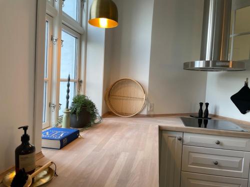 a kitchen with a sink and a counter top at Modern Scandinavian Apartment in Viborg Centre in Viborg