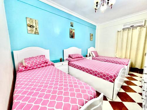 two beds in a room with blue walls at Nile and island in Cairo