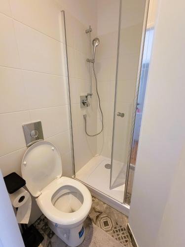 a bathroom with a toilet and a shower at Landhaus am Kurpark in Baden