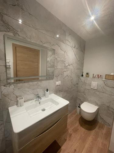 une salle de bain avec un lavabo blanc et des toilettes dans l'établissement La maison bleue, à Neufchâteau
