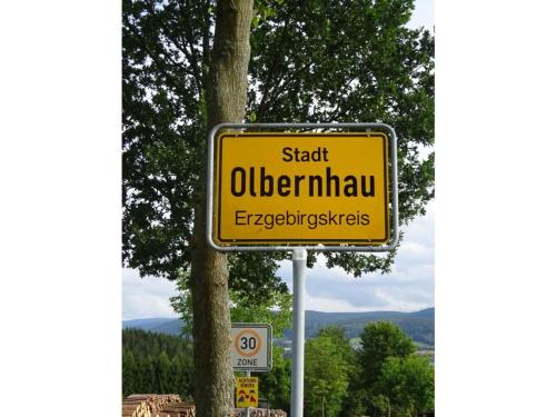 a yellow street sign in front of a tree at Holiday home by the forest in Olbernhau