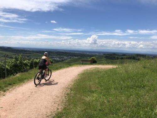 a person riding a bike down a dirt road at Azuria Black Forest Loft in Kappelrodeck
