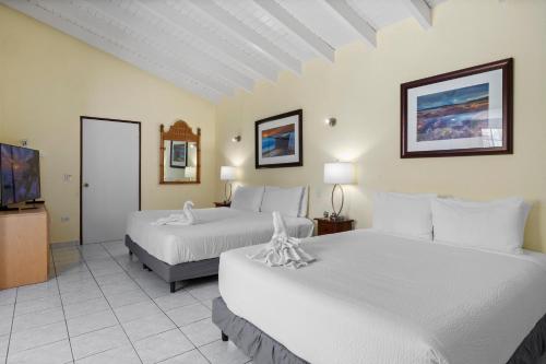 a hotel room with two beds and a flat screen tv at Sunny Paradise Villa in Noord