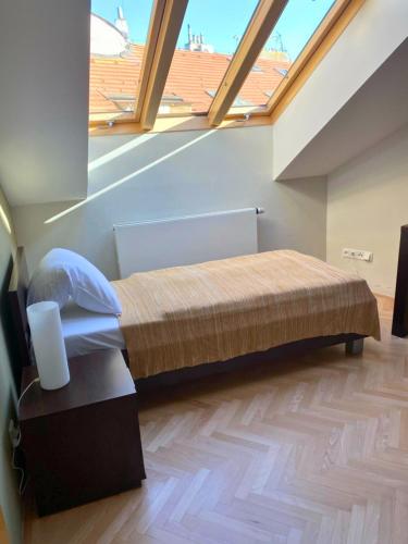 a bedroom with a large bed in a room with windows at Rezidence Ostrovní in Prague
