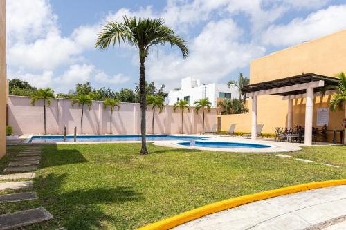 a swimming pool with a palm tree next to a building at Downtown Villa for 7 guests, access to pool! in Cancún