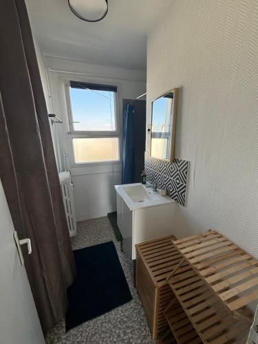 une salle de bain avec un lavabo et un miroir dans l'établissement Fort de Tourneville Le Tétris, au Havre