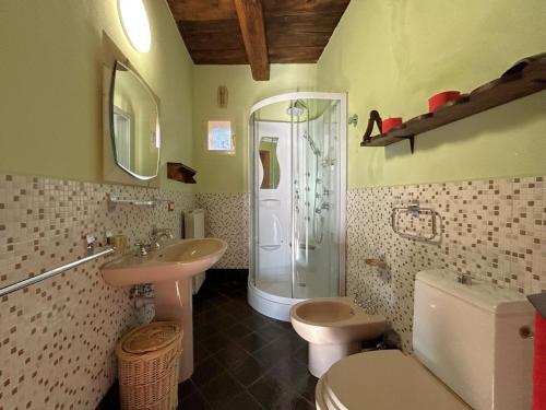 a bathroom with a shower and a toilet and a sink at LA CASA DEI SOGNI appartamento Gelsomino in Colazza