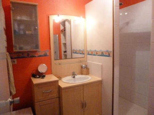 une salle de bain avec un lavabo, un miroir et une douche dans l'établissement Résidence Nau-24-pornichet - Location de Vacances - PORNICHET - T3 FACE MER MAE-2911, à Pornichet