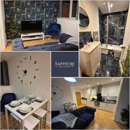 a collage of pictures of a living room and kitchen at Sapphire Luxe- Basingstoke Sleeps 4 with Free Parking in Basingstoke