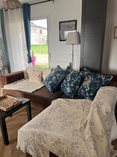 a living room with a brown couch and blue pillows at Les étoiles de Germaine in Lavit