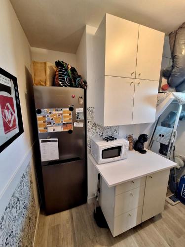 a small kitchen with a refrigerator and a microwave at Les étoiles de Germaine in Lavit