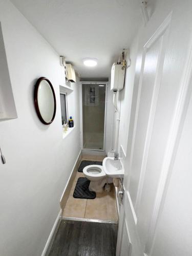 a bathroom with a toilet and a mirror at Serene Suite Room 4 in Southampton