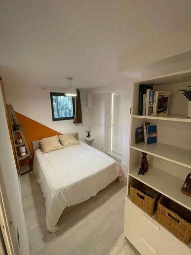 une chambre avec un lit et une étagère dans l'établissement Studio indépendant Boulouris, à Saint-Raphaël