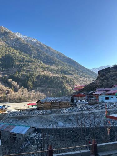 a village with houses and a mountain in the background at Laxmi Narayan Homestay-Harshil in Harsil