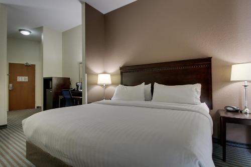 a large bed in a hotel room with two lamps at Holiday Inn Express Leland - Wilmington Area by IHG in Leland