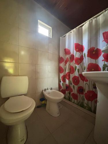 a bathroom with a toilet and a shower curtain with red flowers at Casas Mañanas de Sol in Balneario Pehuén-Có