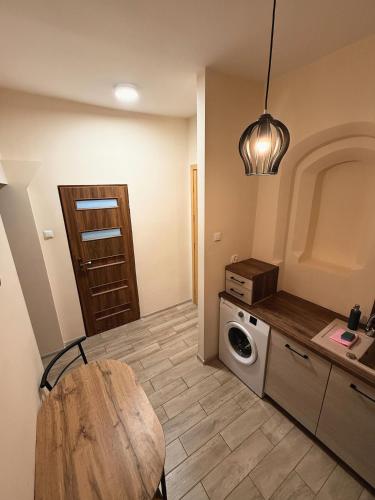 a kitchen with a washer and dryer in a room at Apartamenty WW in Toruń