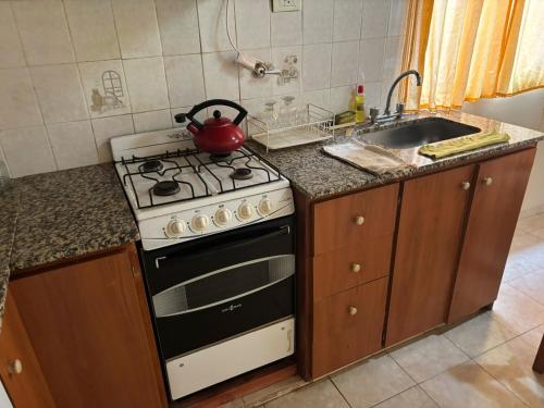 una cocina con estufa y fregadero en Casas Mañanas de Sol, en Balneario Pehuén-Có