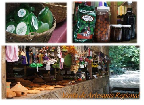 un collage d’images d’une exposition de denrées alimentaires dans l'établissement Reserva Ecologica Nanciyaga, à Catemaco