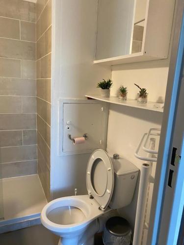 une petite salle de bain avec toilettes et lavabo dans l'établissement Studio idéal cure thermale, à Gréoux-les-Bains