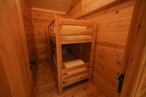 a wooden cabin with a ladder inside of it at أكواخ البحيرات in Khalij Salman