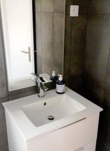 une salle de bain avec un lavabo blanc et un miroir dans l'établissement Beau 2-pieces rch très proche de Paris, à Gentilly