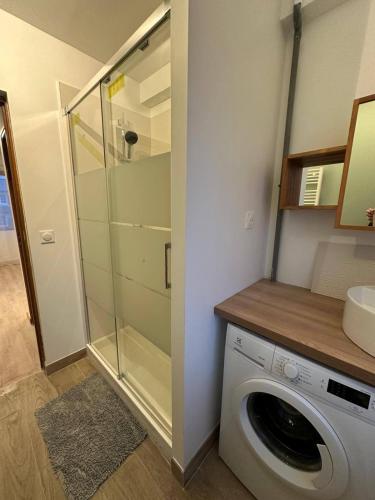 une machine à laver dans une salle de bain avec douche dans l'établissement Studio - Proche Centrex & Disneyland, à Noisy-le-Grand