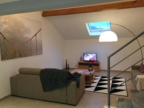 a living room with a couch and a tv at Gites Des Sablons in Châtillon-sur-Marne