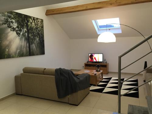 a living room with a couch and a tv at Gites Des Sablons in Châtillon-sur-Marne