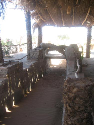a stone wall next to a beach with palm trees at Maison Boutchrafine in Erfoud