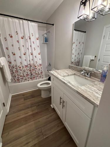 a bathroom with a toilet sink and a shower curtain at Home in Savannah in Savannah