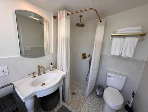 a bathroom with a sink and a toilet and a mirror at Carmel in the Sky in Leakey
