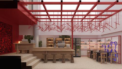 a rendering of a synagogue with benches and tables at Dali Upland International Youth Hostel, near the south gate of the ancient city ,5 mins walk to the old town, Close to Er Hai Lake, convenient payment and visa cards are accepted in Dali