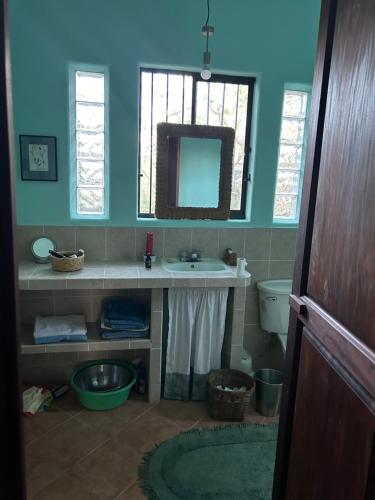 a bathroom with a sink and a mirror and a toilet at Lakeview Villa Santiago in Santiago Atitlán