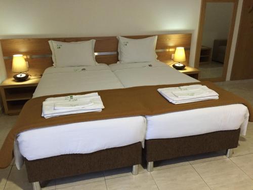 a hotel room with a large bed with towels on it at Gites Des Sablons in Châtillon-sur-Marne