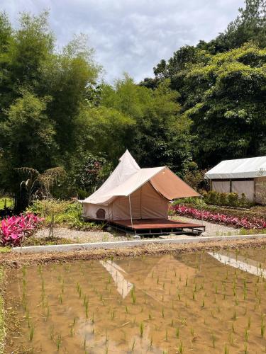 a tent in a garden next to a body of water at Bamboo Sanctuary Pancawati Resort Bogor in Ciherangsating