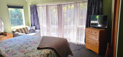 a bedroom with a bed and a television on a dresser at Fred&Donz Bed and Breakfast in Taupo