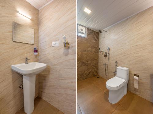 two pictures of a bathroom with a toilet and a sink at Wattle Grove Resort in Kotagiri